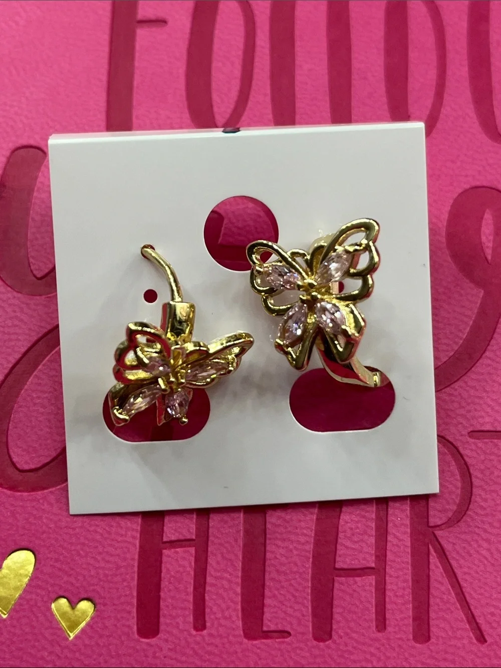 Gold Butterfly Clip-On Earrings with Pink Accents
